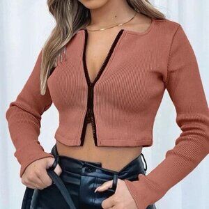 WHITE FOX Real Thing Knit Zip Front Crop Top Size XS Terracotta